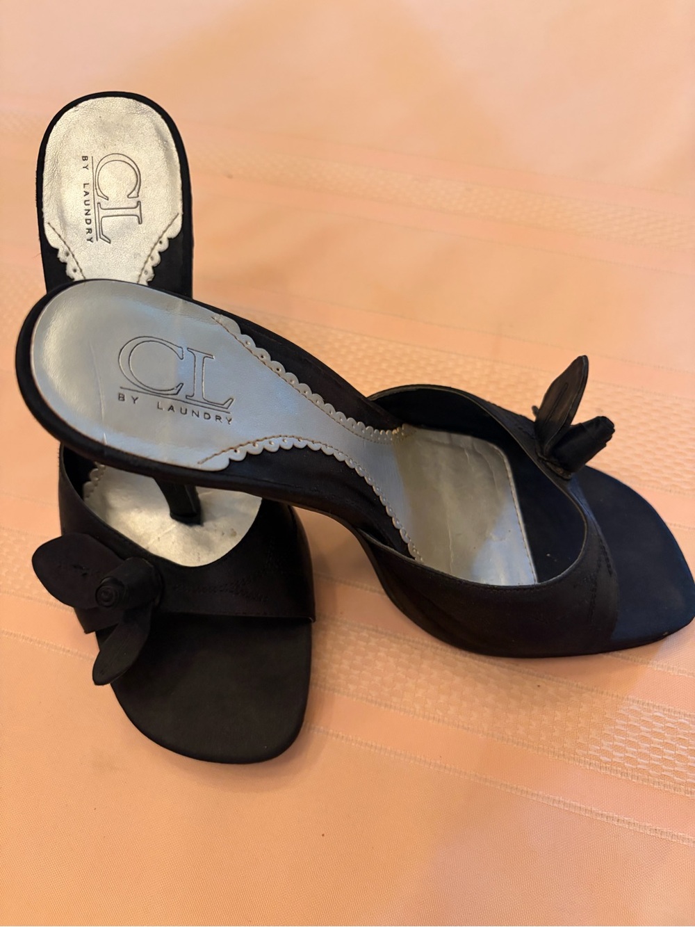 CL by Laundry Black Floral Accent Open-Toe Slide Heels